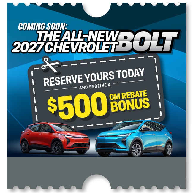 2027 Chevrolet Bolt promotion offering $500 GM rebate bonus with reservation. Red and blue car images.