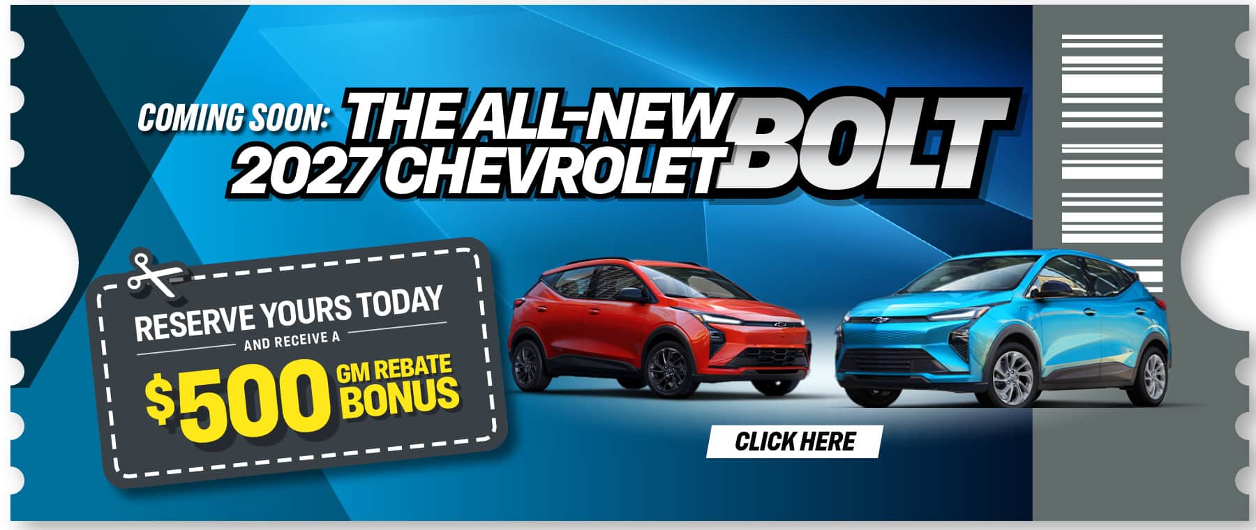 Promotion for the 2027 Chevrolet Bolt with $500 GM rebate bonus, featuring red and blue cars.