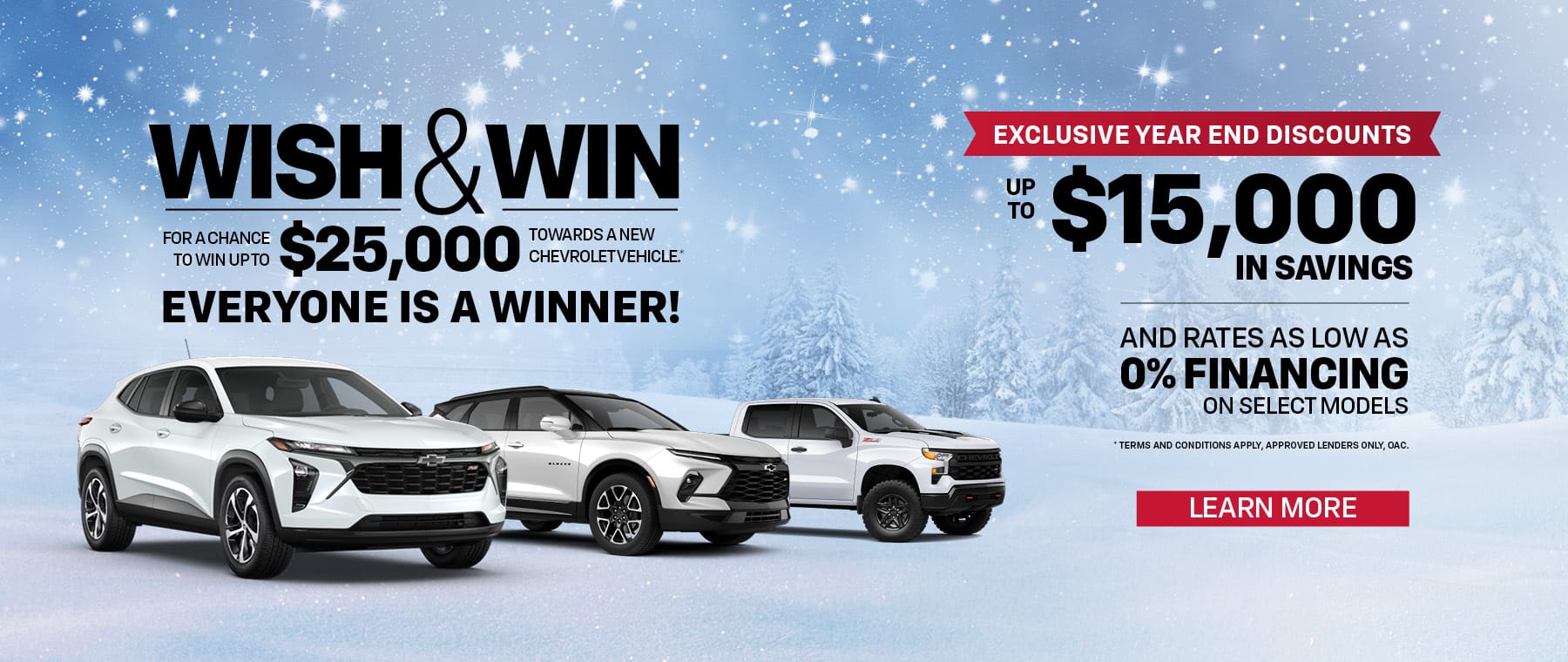 Winter-themed Chevrolet promotion banner, featuring three vehicles, $25,000 prize, $15,000 savings, and 0% financing.