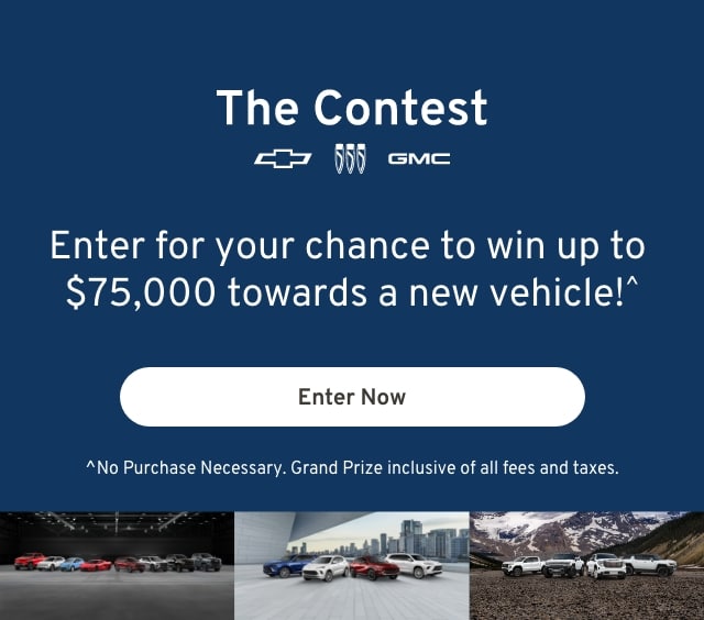 Contest promotion image offering up to $75,000 for a new Chevrolet, Buick, or GMC vehicle.