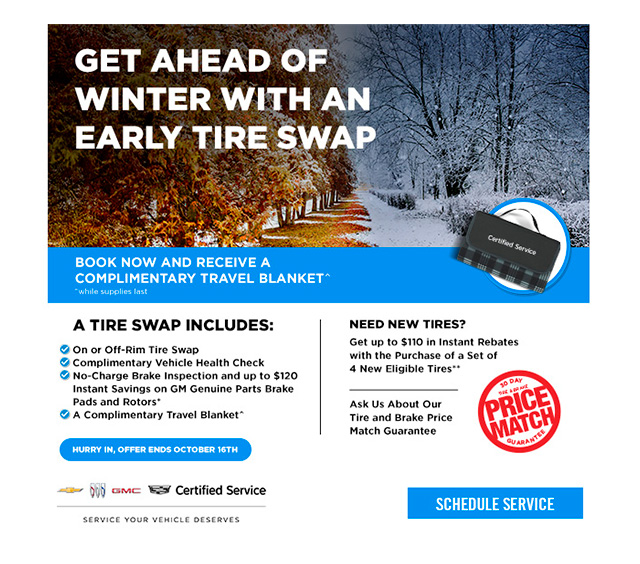 Winter tire swap promotion with travel blanket offer, instant rebates, and a price match guarantee.