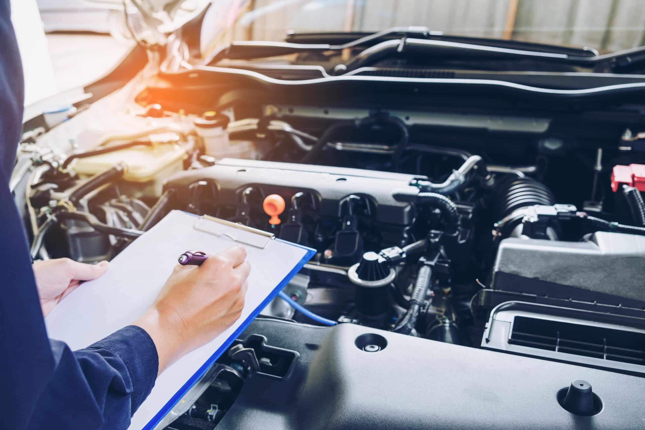 Mechanic inspecting car engine, writing on a clipboard. Auto maintenance and repair check.
