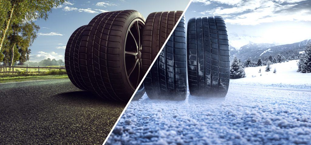 Summer and winter tires on a road, contrasting weather conditions, illustrating seasonal tire differences.