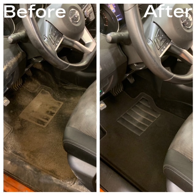 Car interior cleaning before and after; dirty floor mat transformed to spotless condition.