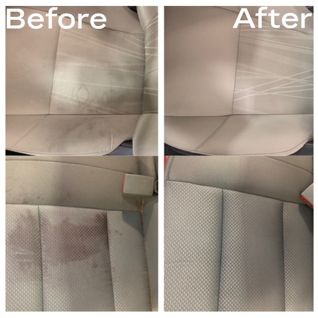 Car seat stain removal before and after, showcasing effective interior cleaning results.