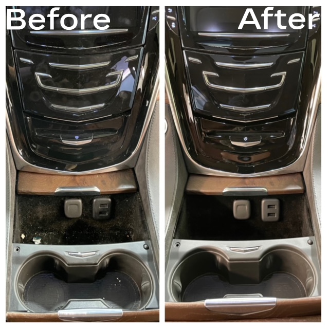 Car console before and after cleaning; shows dramatic improvement in appearance and cleanliness.