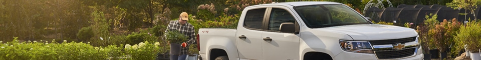 White Chevrolet pickup truck parked in a garden center with a person loading plants.