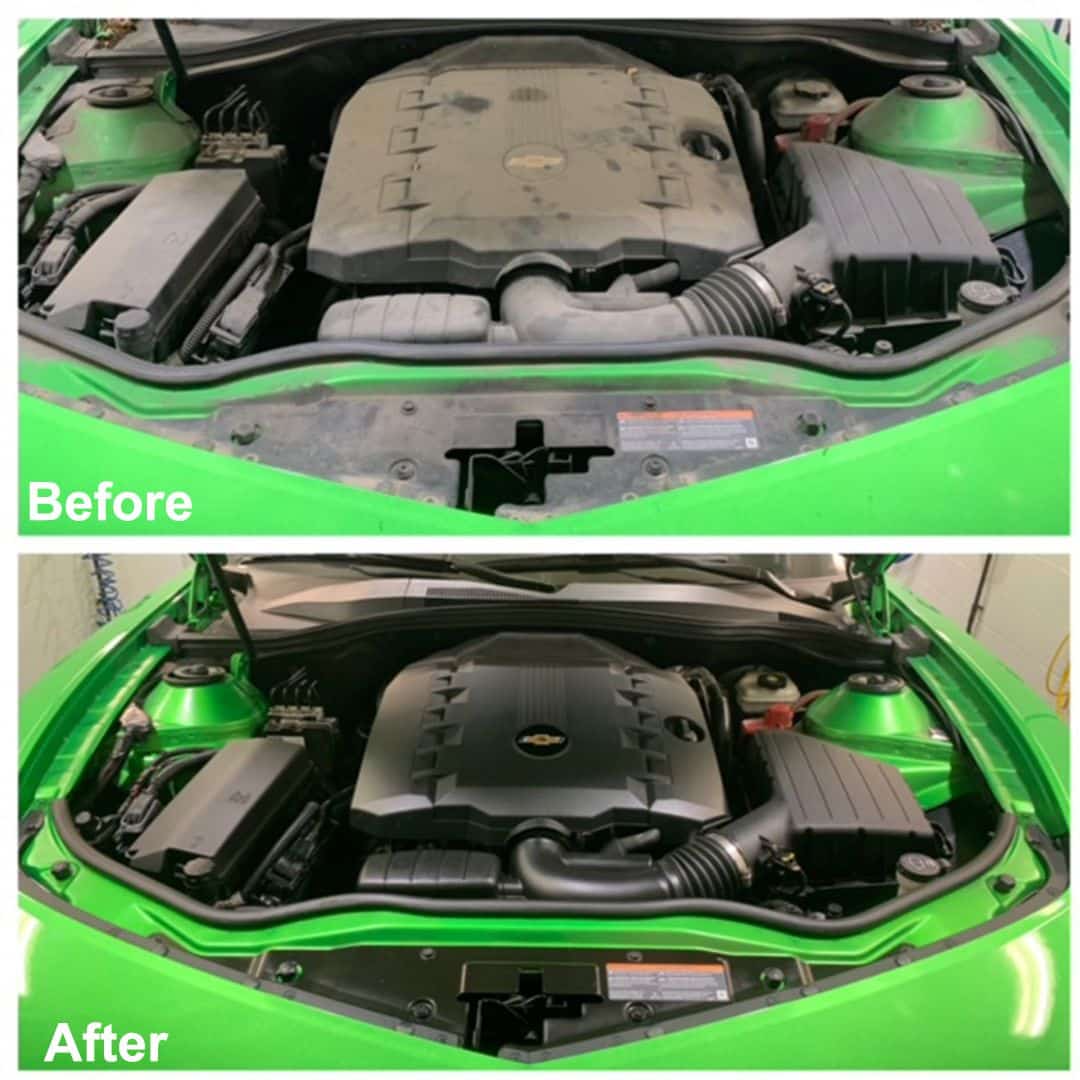 Car console before and after cleaning; shows dramatic improvement in appearance and cleanliness.