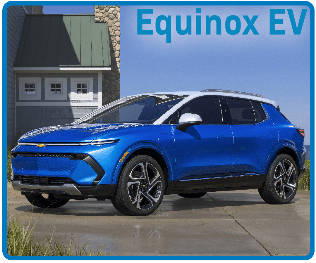 Blue Equinox EV parked in front of a house, showcasing modern electric SUV design.