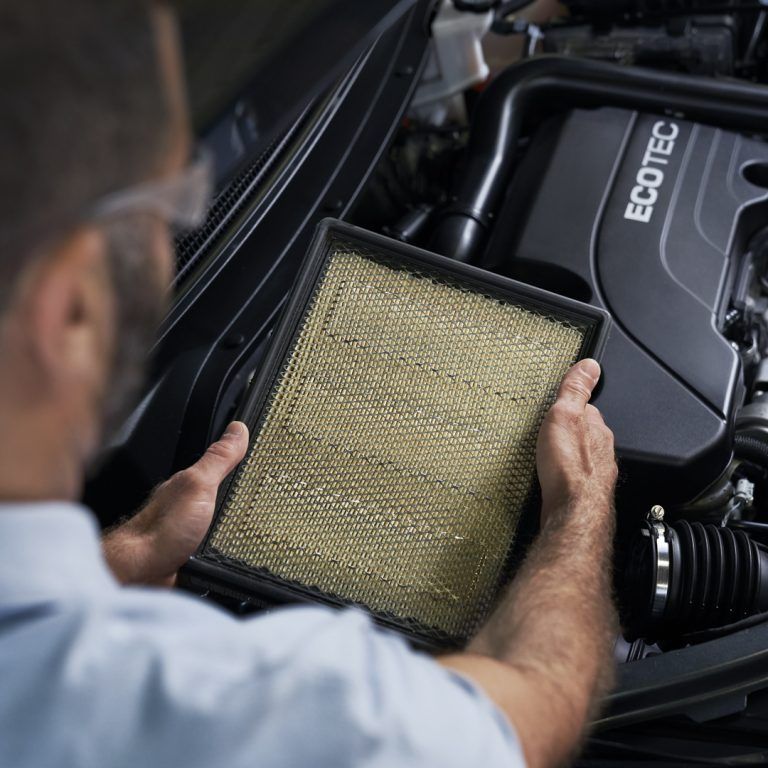 Mechanic inspecting car engine air filter near Ecotec engine for maintenance.