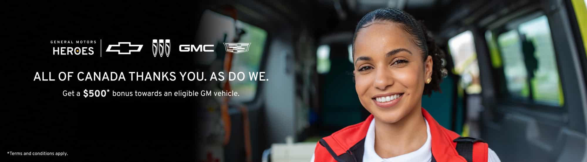 Smiling woman in a vehicle promoting GM Canada $500 bonus offer for eligible vehicles.
