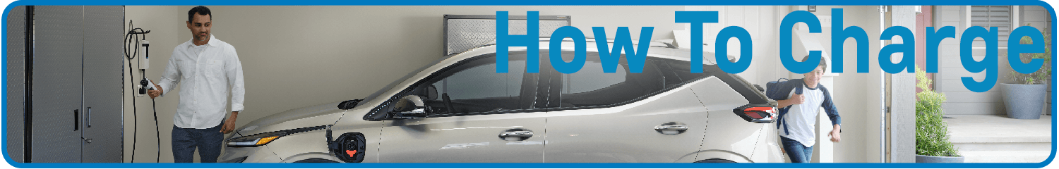 Man connecting an electric car to a home charging station. "How To Charge" text overlay.