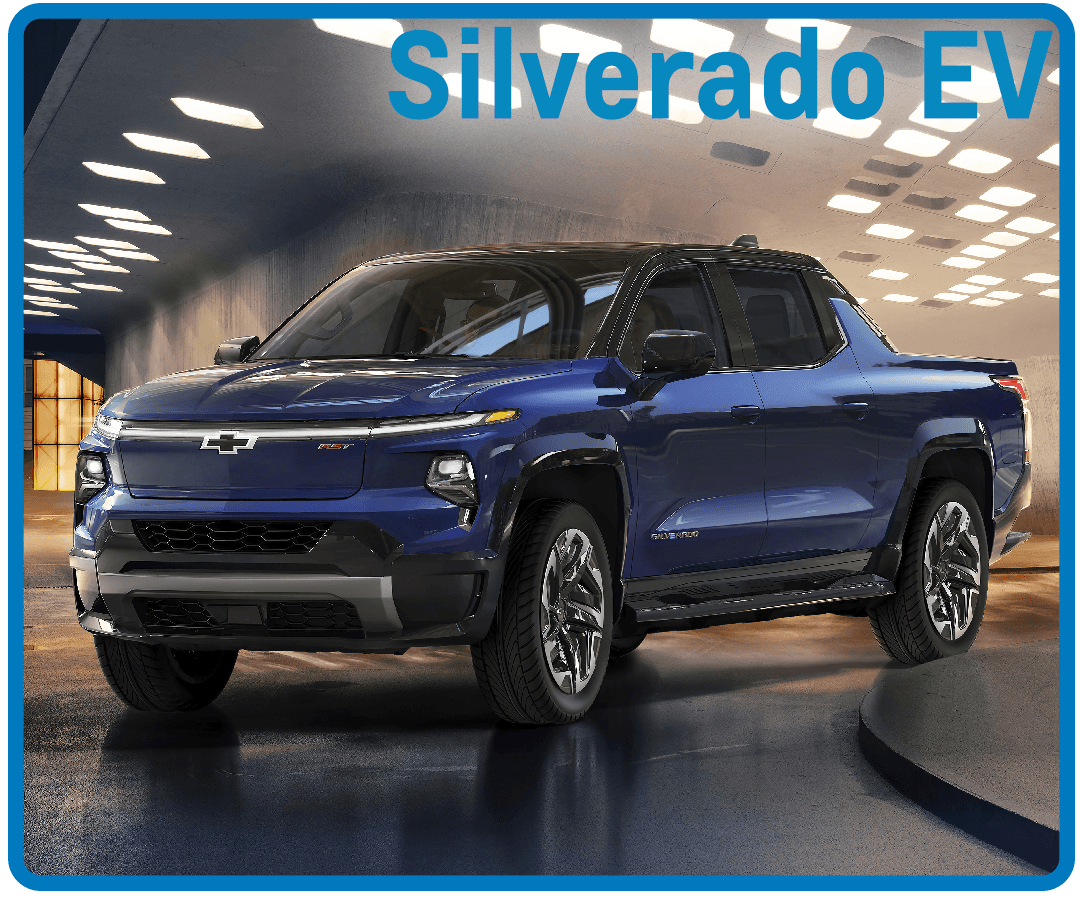 Blue Silverado EV truck parked indoors, showcasing modern design and electric vehicle features.