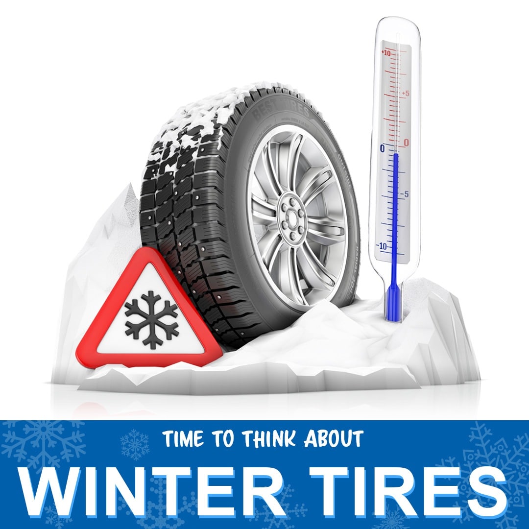 Winter tire with snowflake sign and thermometer; emphasizes winter readiness.