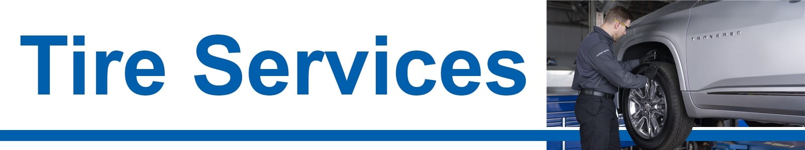 Tire services banner featuring a mechanic inspecting a SUV tire at an auto shop.