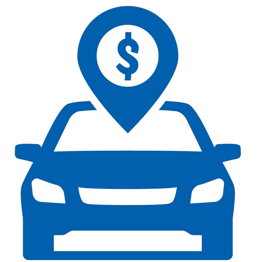 Blue car icon with a dollar sign location pin, representing car pricing or automotive sales.