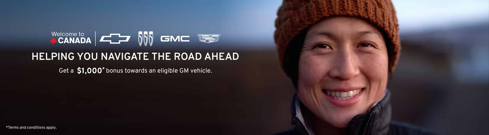 Woman smiling next to GM offer for a $1,000 bonus on eligible vehicles in Canada.