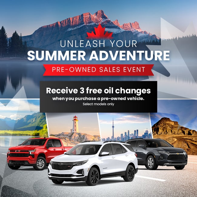 Summer car sales event banner offering 3 free oil changes with pre-owned vehicle purchases.
