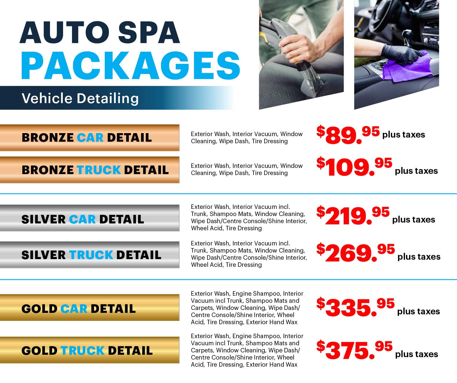 Auto spa packages: Bronze, Silver, Gold; services include wash, wheel treatment, seat care. Pricing for cars and SUVs.