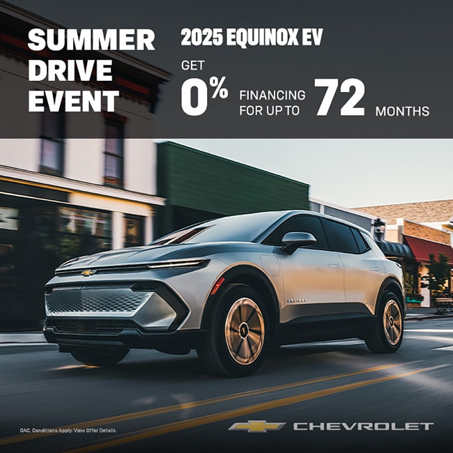 2025 Chevrolet Equinox EV driving, promoting summer event with 0% financing for 72 months.