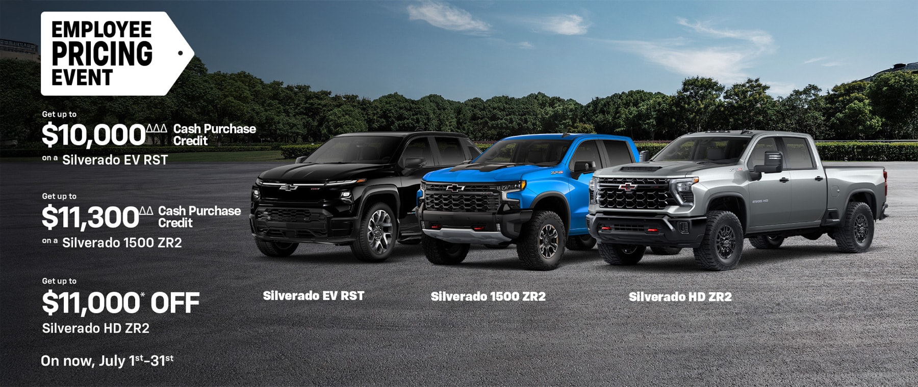 Three Chevrolet trucks parked on asphalt with a wooded background. "Employee Pricing Event" offers up to $11,300 off.