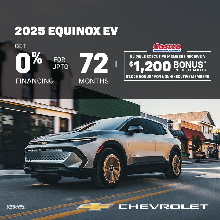 2025 Chevrolet Equinox EV driving, promoting summer event with 0% financing for 72 months.