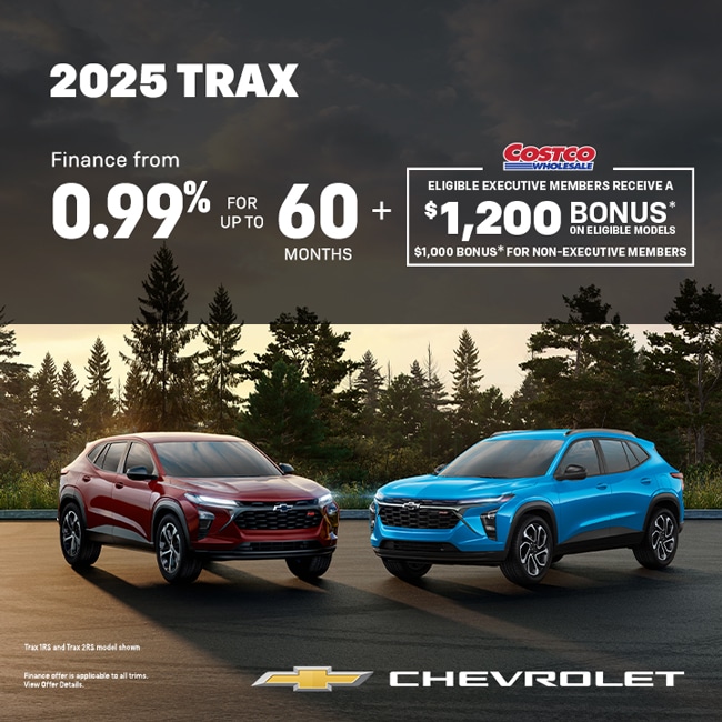 Chevrolet Summer Drive Event offers $68 weekly at 3.9% for Trax Family, including $750 lease bonus. Two SUVs pictured.
