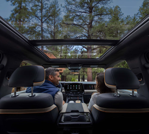 A couple inside a car with a panoramic sunroof, surrounded by forest scenery.