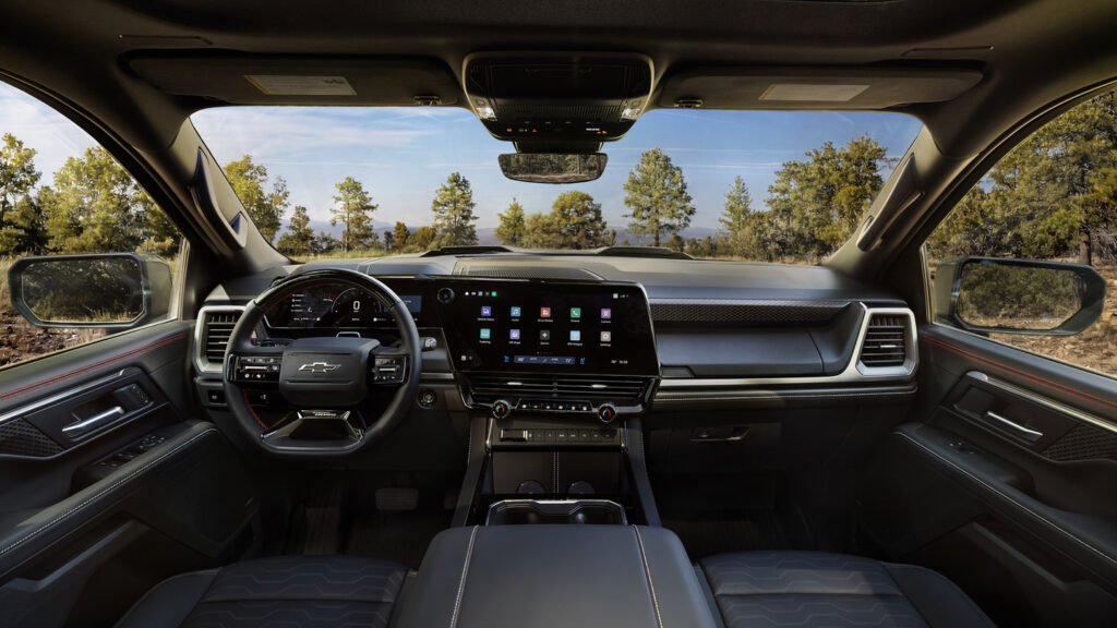 Interior of a Chevrolet truck featuring a modern dashboard and touchscreen display.